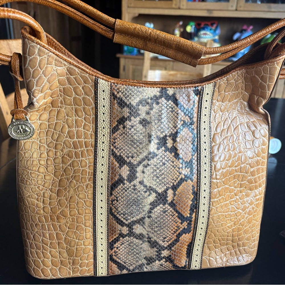 Chic Tan and Brown Shoulder Bag with Snakeskin Accent